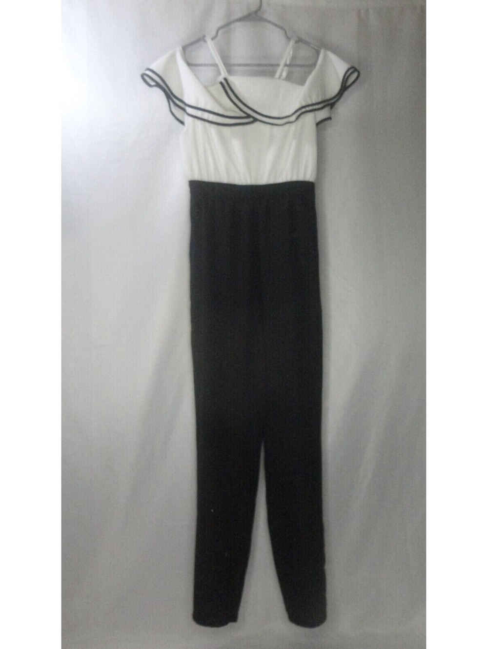 XOXO Womens Juniors Ruffled Cold Shoulder Jumpsuit White/Black Halter Small New